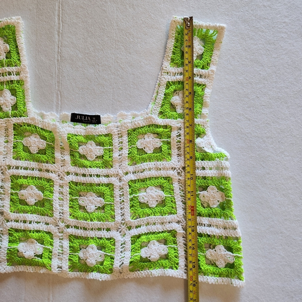JULIA Hipster Granny Square Crochet Tank Top in Neon Green & White Size Medium - Picture 4 of 9